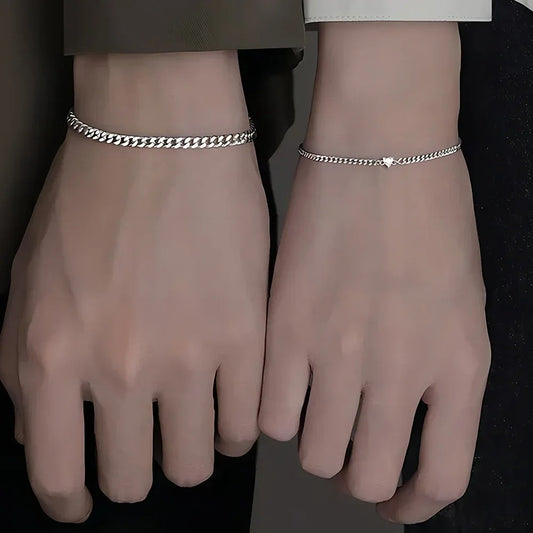 "Couple's Silver Heart Bracelet Set – Stylish & Timeless"